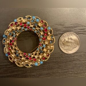 Vintage Gold-Tone Brooch with Red and Blue Accents
